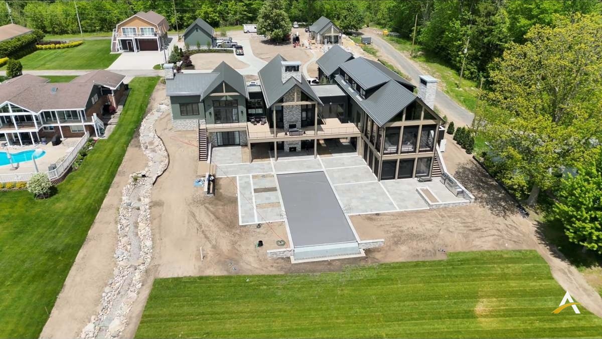 Completed luxury lakefront home aerial