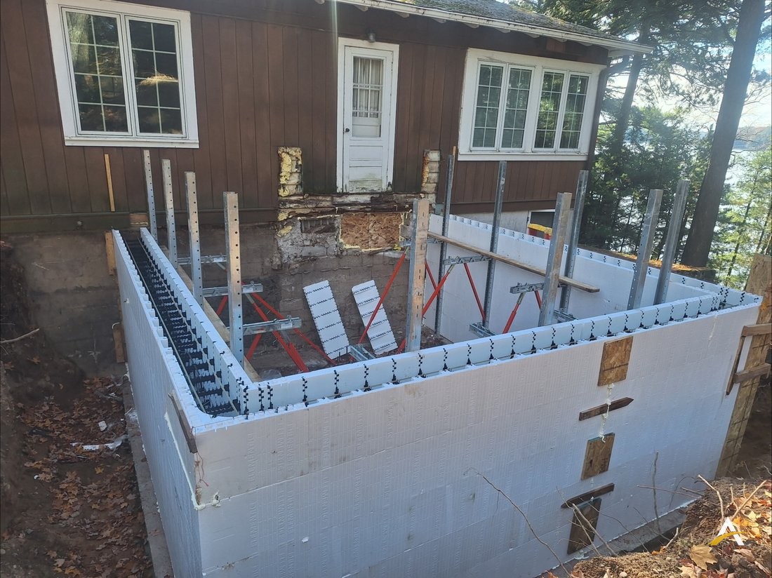 ICF foundation forms braced and ready for pour